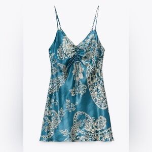 NWOT Zara Teal and Cream Satin Mini Dress with a Paisley Print